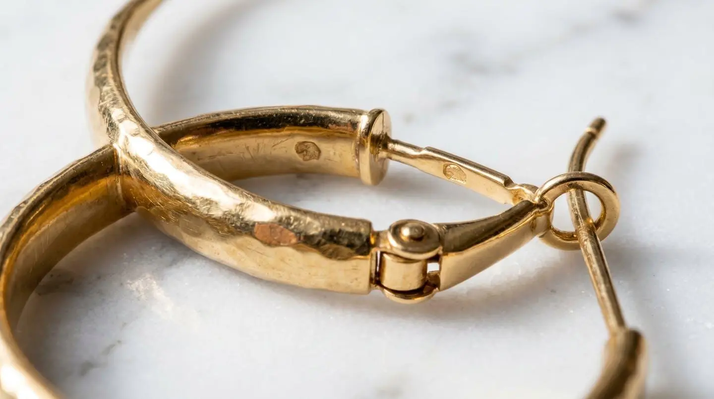 Gros plan macro sur une boucle d'oreille créole en or 18 carats posée sur marbre blanc, révélant le poinçon et les détails de finition