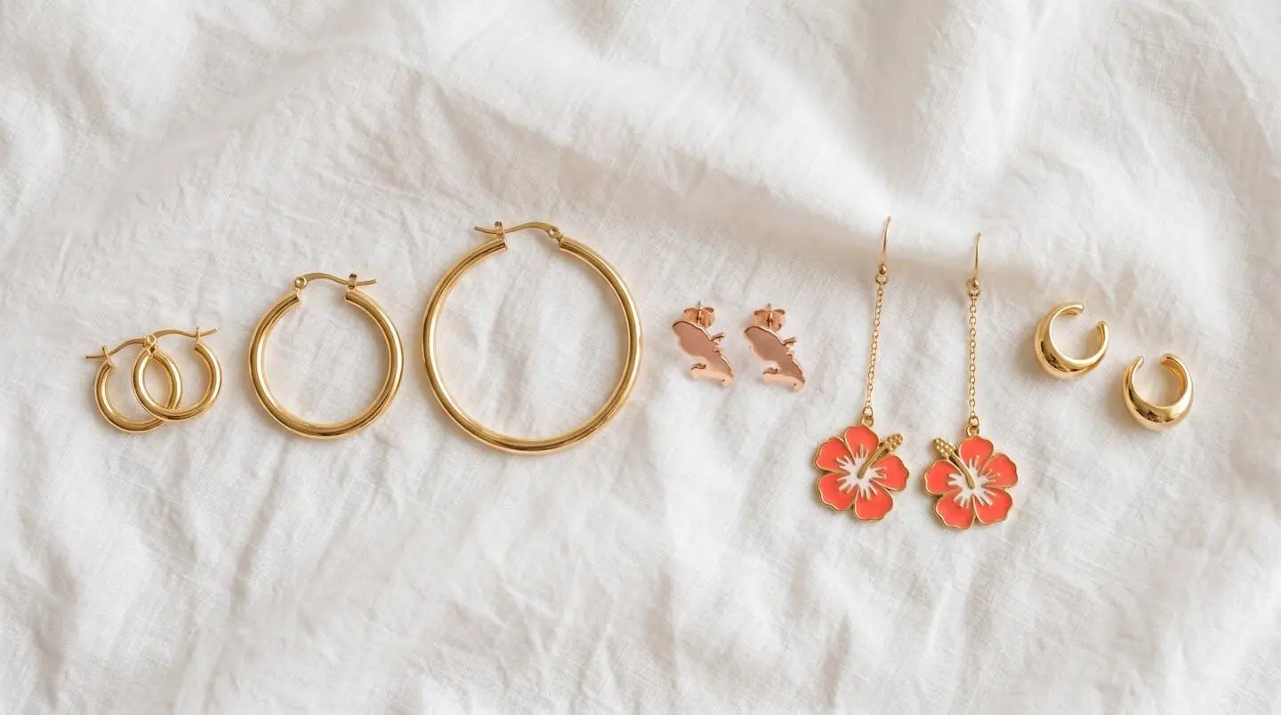 Vue de dessus de six paires de boucles d'oreilles disposées sur fond blanc : créoles dorées de tailles variées, puces carte de Martinique, pendants hibiscus et ear cuffs